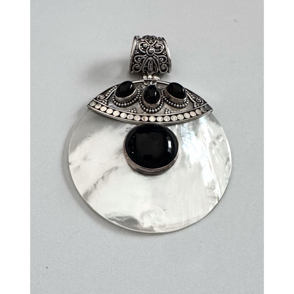 Merav Sterling Silver MOP Black Onyx Large Pendant Indonesia 925 Vintage